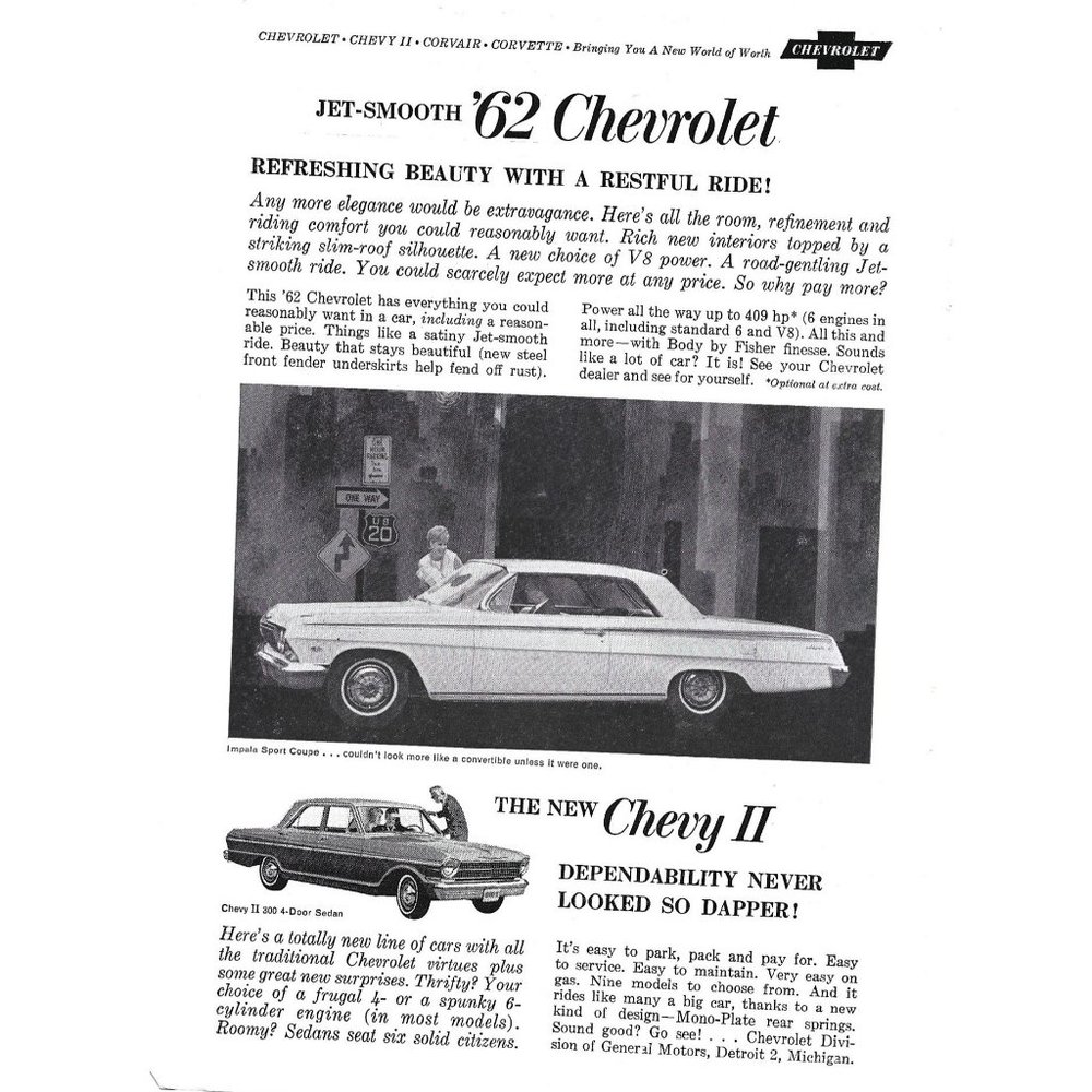 Jet Smooth 1962 Chevrolet Chevy II Car Auto 1960s Vintage Print Ad 9 inch Tall